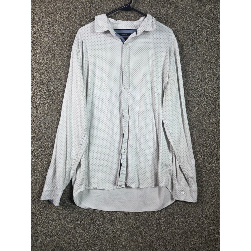 Tahari Button Up Shirt Mens XL White Grey Geometric Dot Stretch Long Sleeve